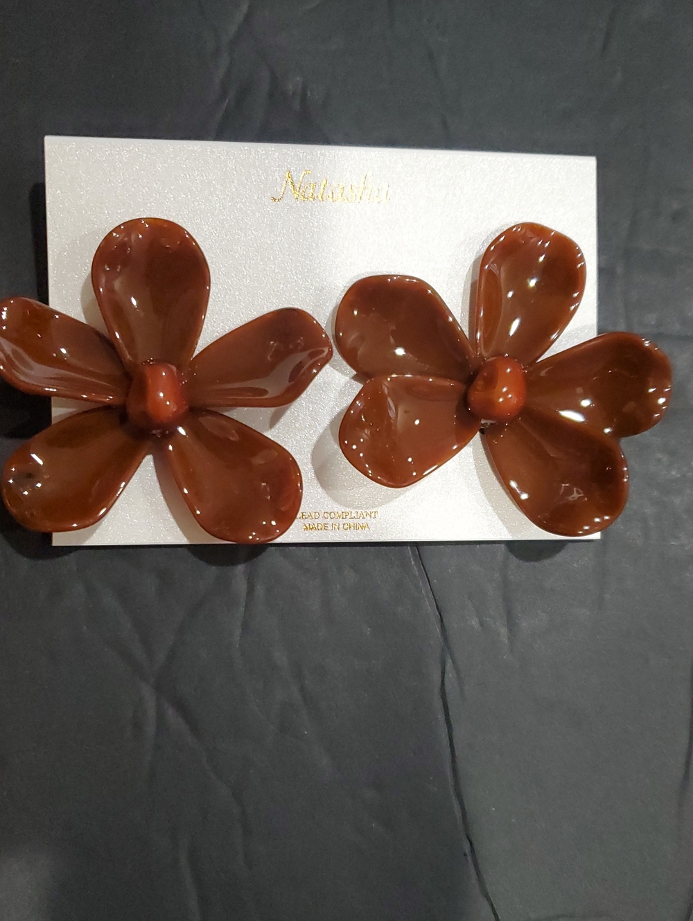 Natasha couture giant petals lillypad flower style glossy brown resin earrings